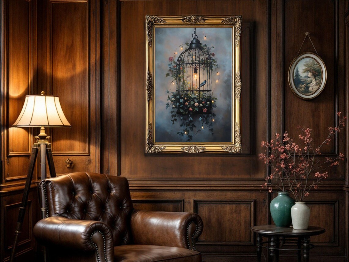 Hanging Birdcage With Light And Flowers, Vintage Art Print - Image 2
