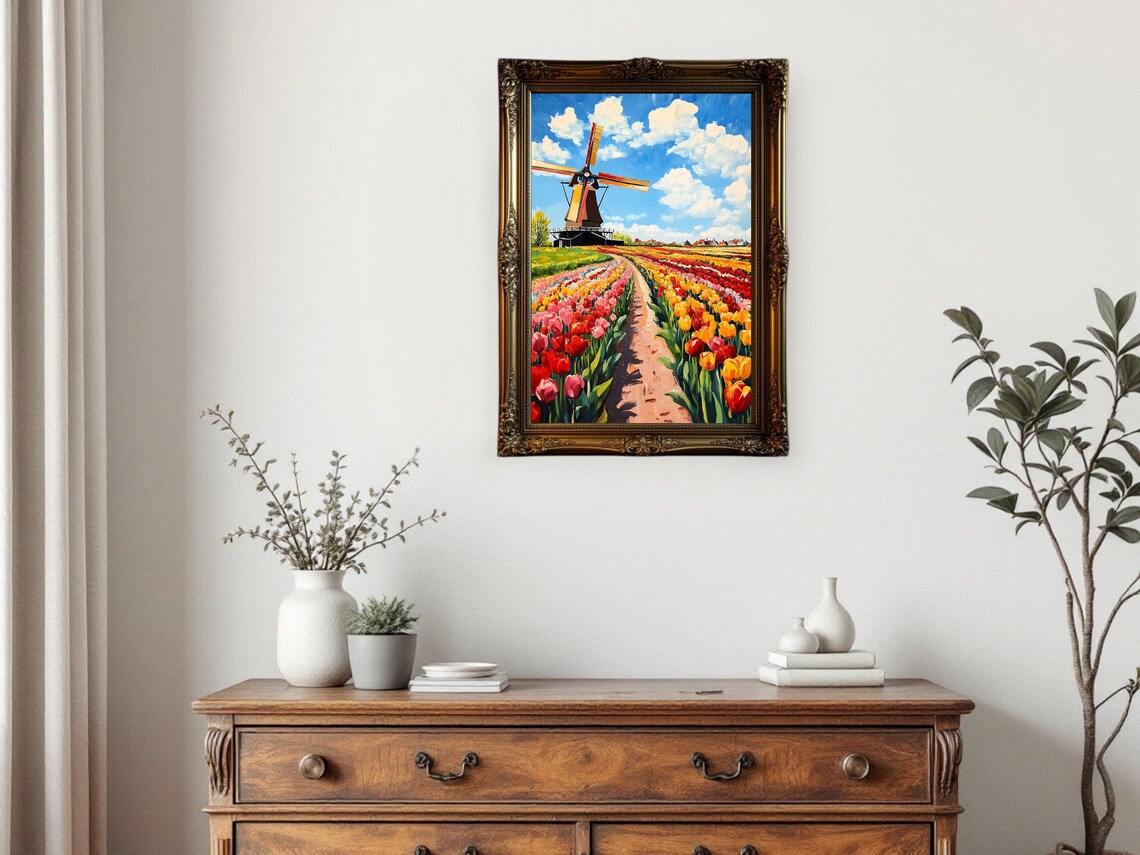 Dutch Windmill Tulip Fields, Floral Landscape Print - Image 2