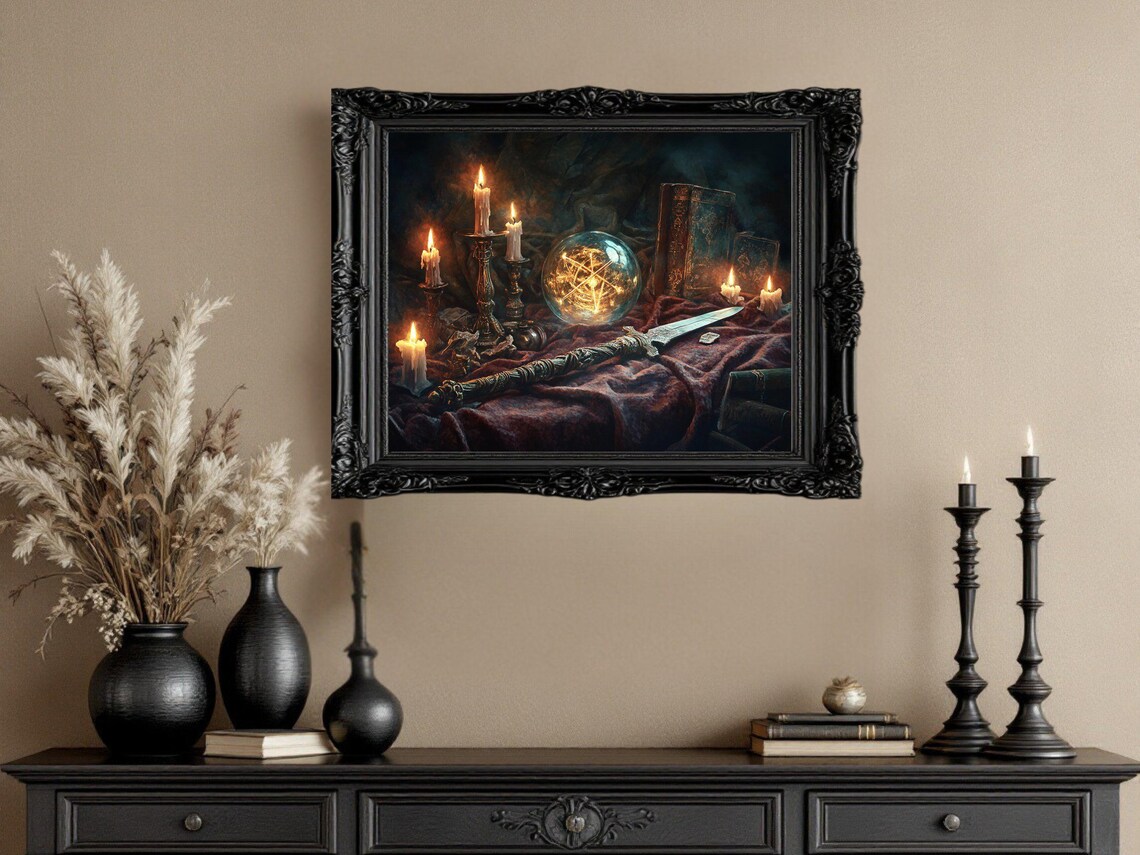 Enchanted Candlelit Scene, Magical Books and Sword Art Print - Image 3
