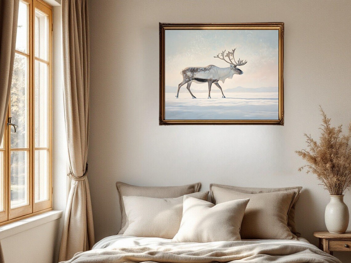 Winter Reindeer, Nordic Snow Scene Art Print - Image 2