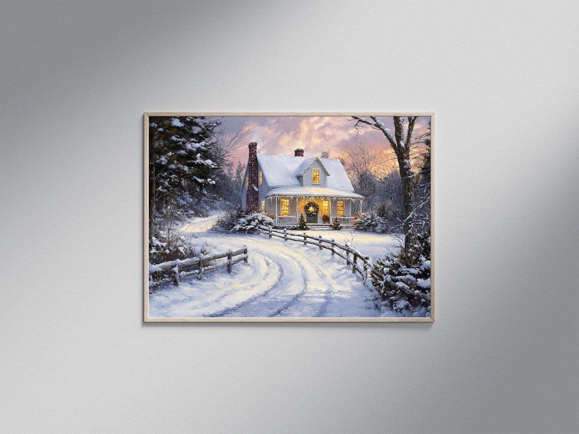 Rustic Winter Cabin Scene, Cozy Cottage In Snow