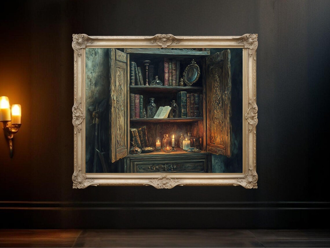 Vintage Bookshelf Art Print, Cozy Library Decor