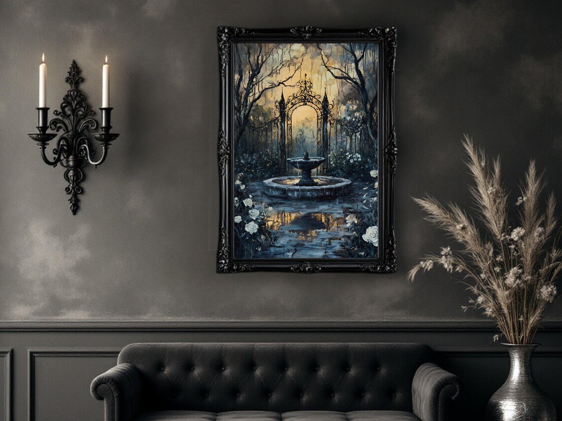 Gothic Garden Sunset Courtyard, Mystical Fountain Art Print - Image 2