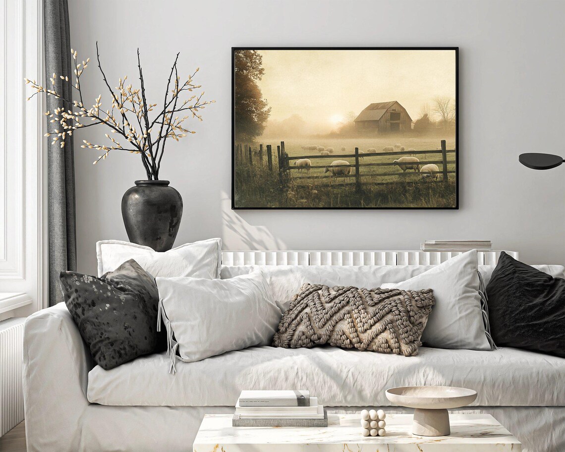 Rustic Farmhouse Sheep Pasture, Sunrise Barn Art Print - Image 3