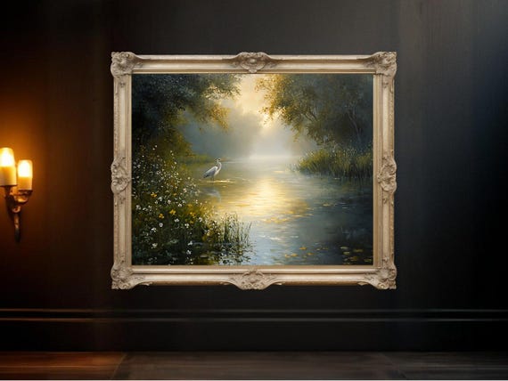 Serene Landscape River Scene With Heron Art Print
