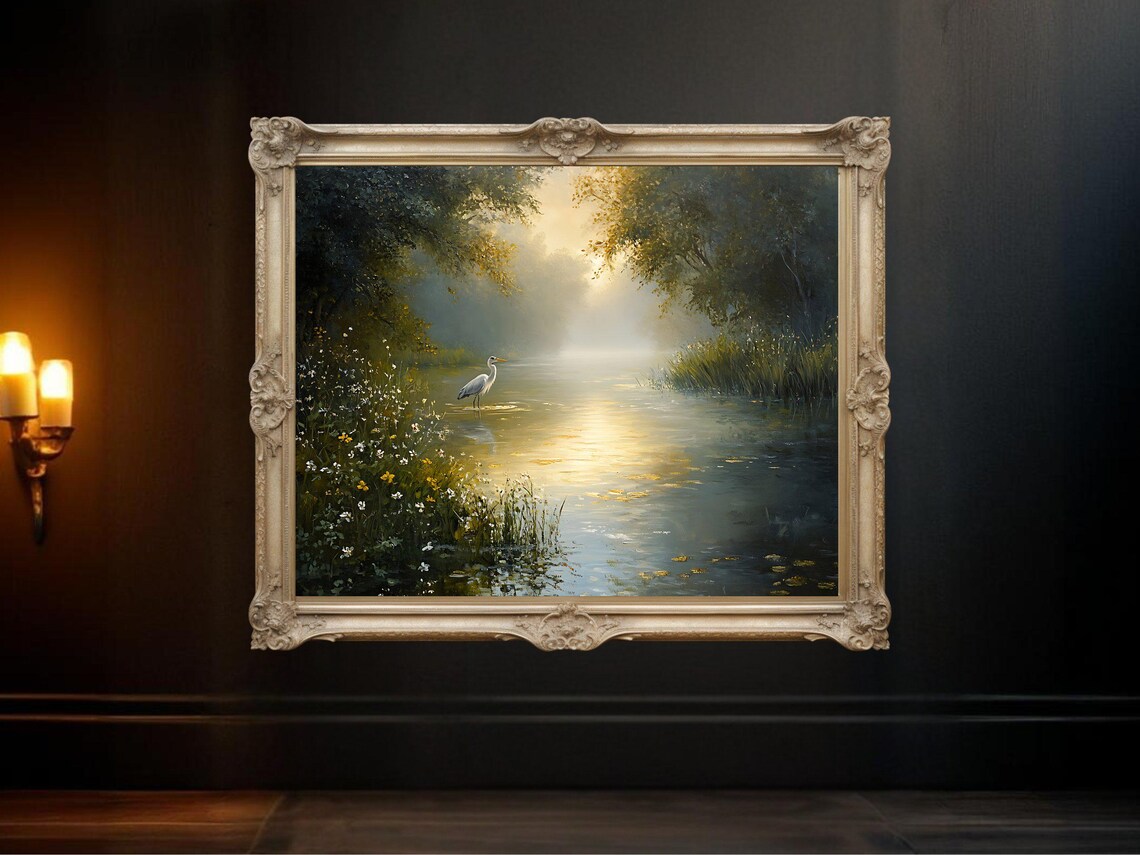 Serene Landscape River Scene With Heron Art Print