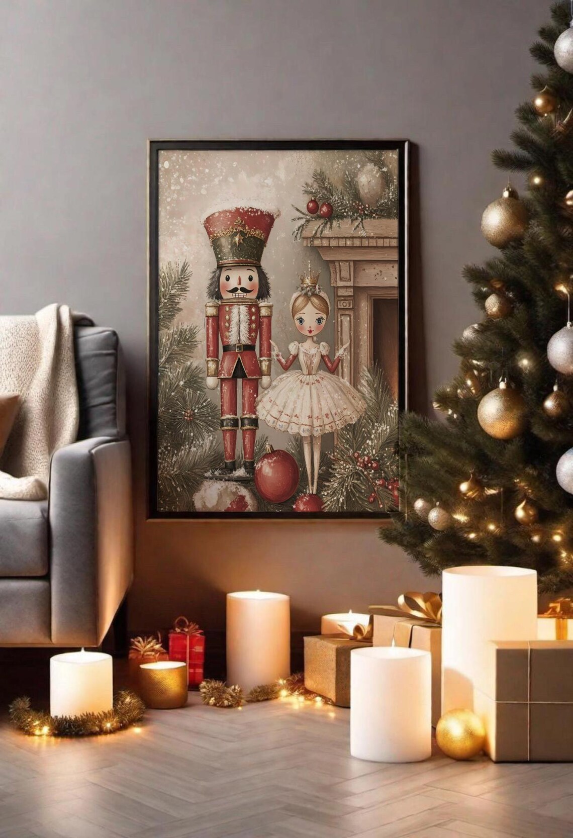 Nutcracker And Ballerina, Vintage Christmas Art Print - Image 2