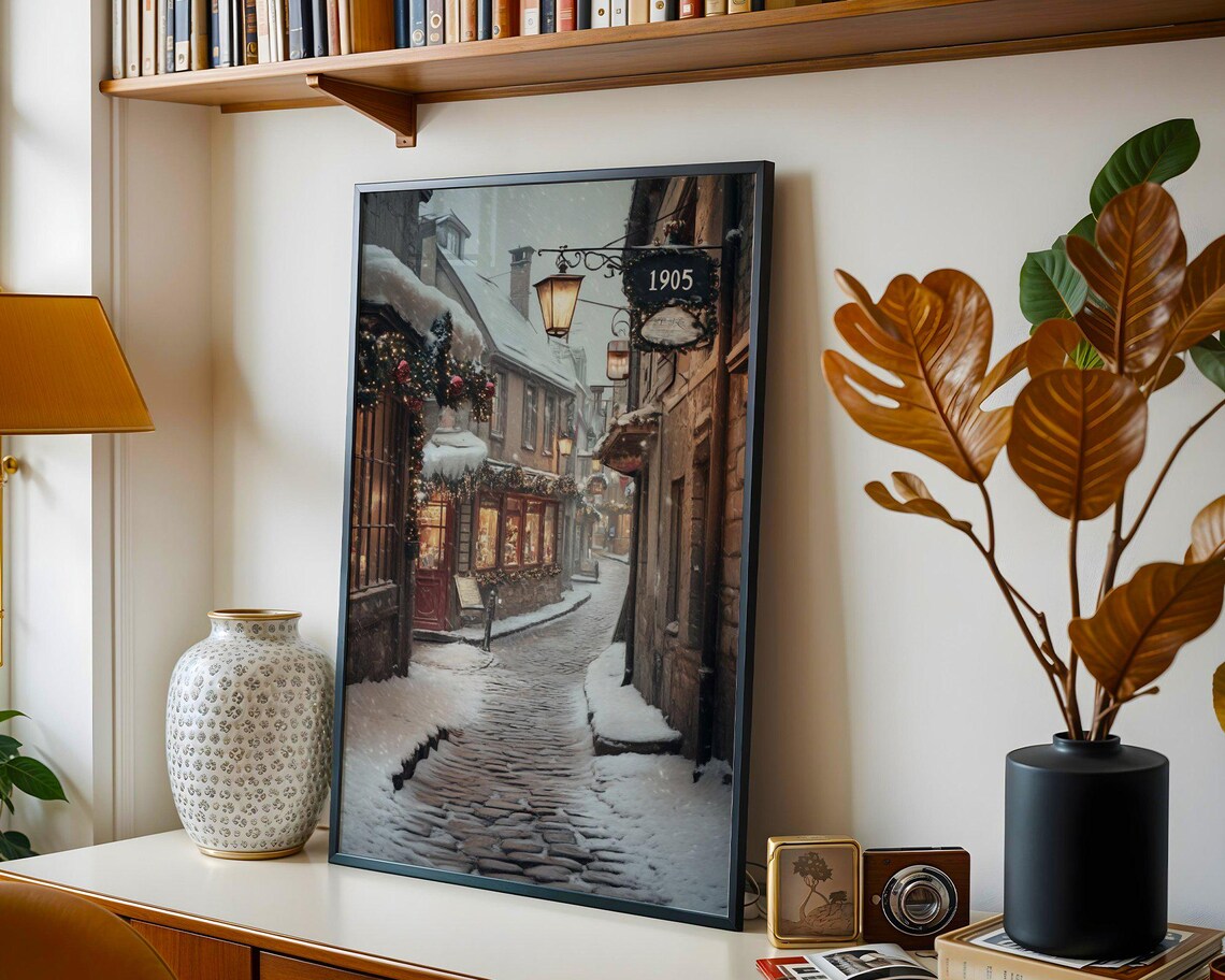 Vintage Snowy Street Scene, Christmas Holiday Decor - Image 2
