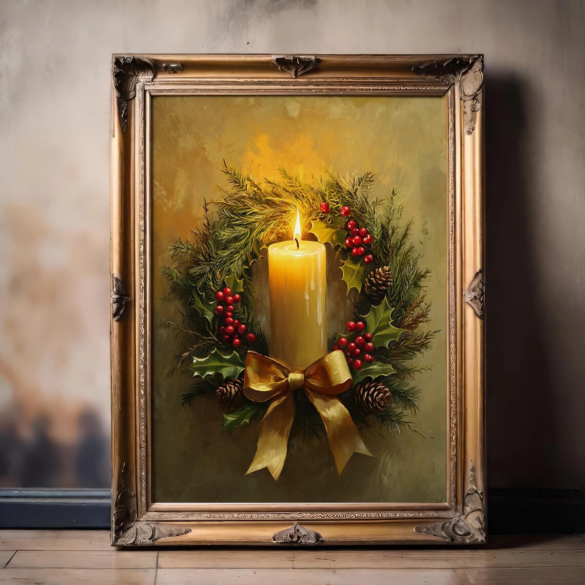Rustic Christmas Candle Wreath, Vintage Holiday Art