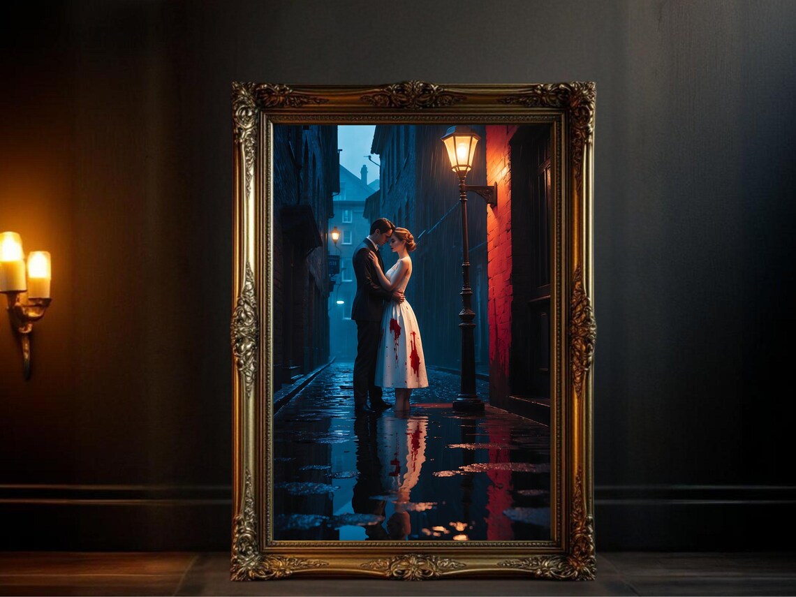 Romantic Rainy Night Couple Vintage Street Scene