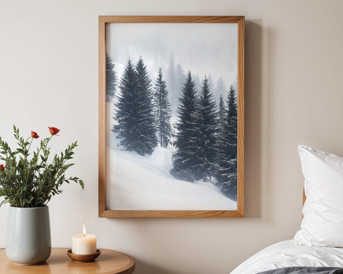 Winter Wonderland Forest, Minimalist Mountains Landscape