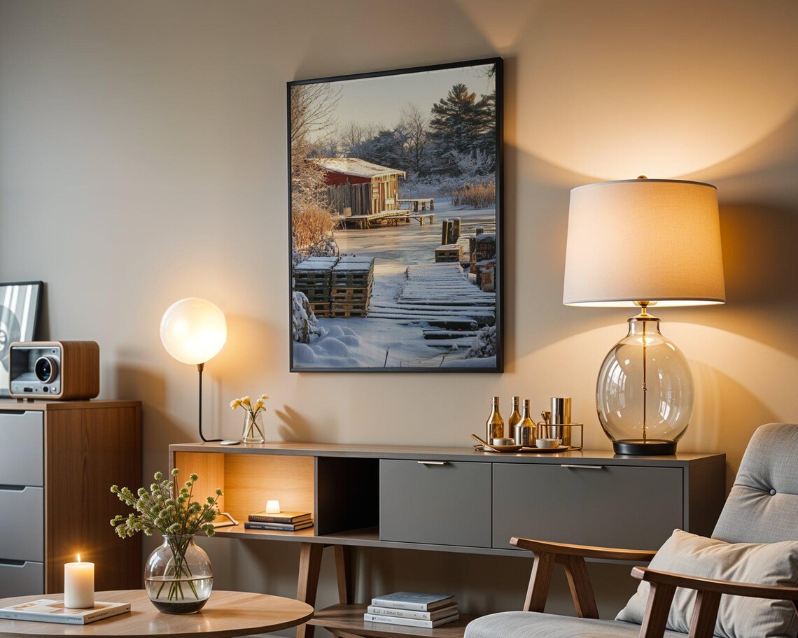 Winter Cabin In Snow, Rustic Frozen Lake House - Image 3