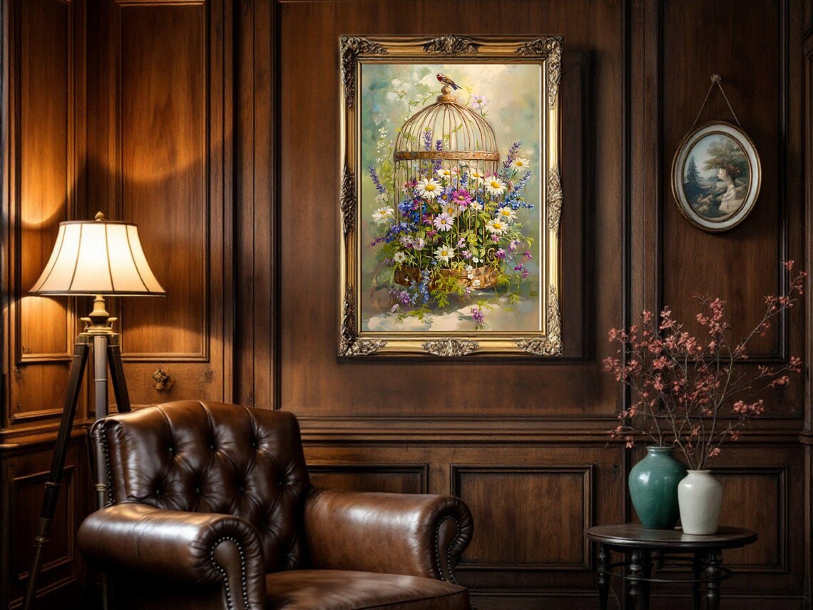 Floral Birdcage Vintage Oil Painting, Birdcage Art Print - Image 2