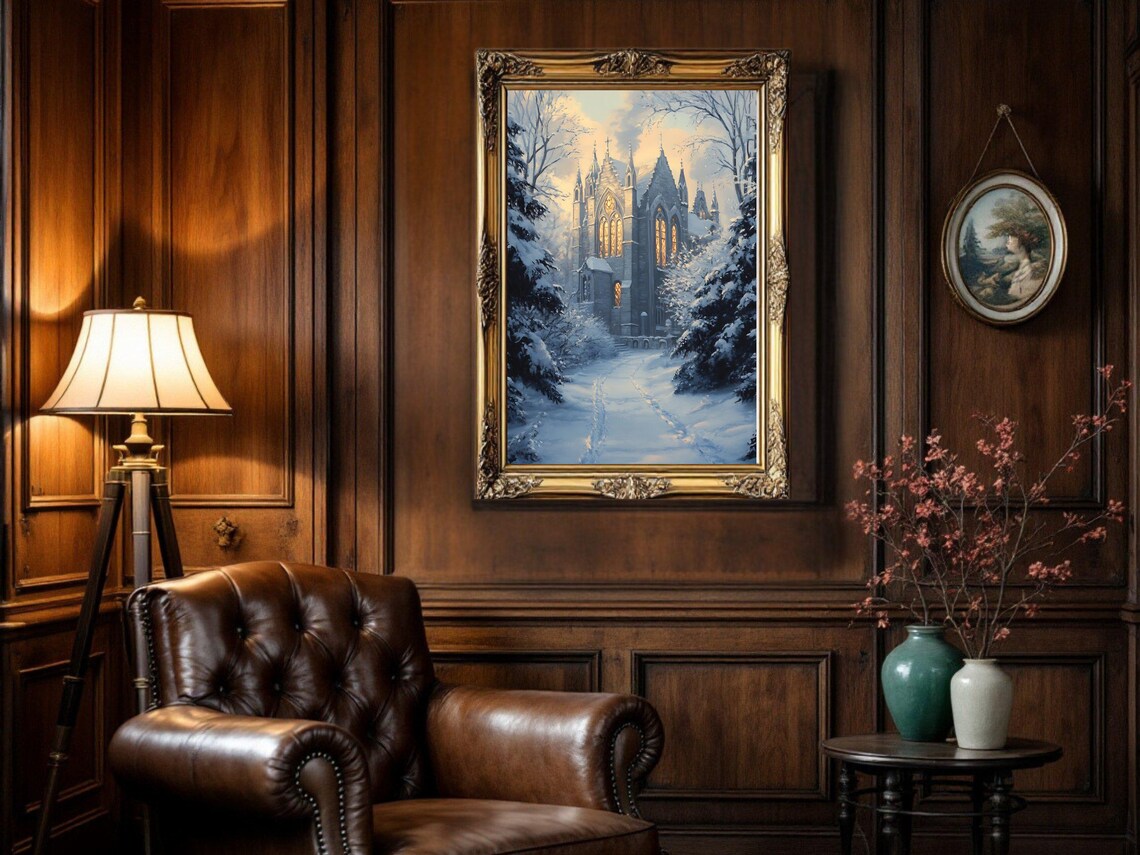 Gothic Winter Church Scene, Snowy Landscape Art Print - Image 3