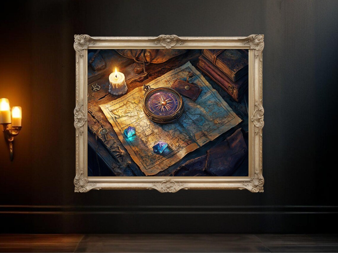 Vintage Map And Compass, Antique Study Decor