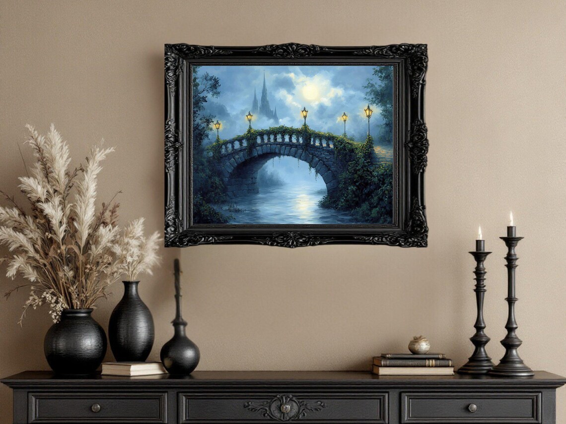 Dreamy Castle Bridge Misty Night Landscape Art Print - Image 3