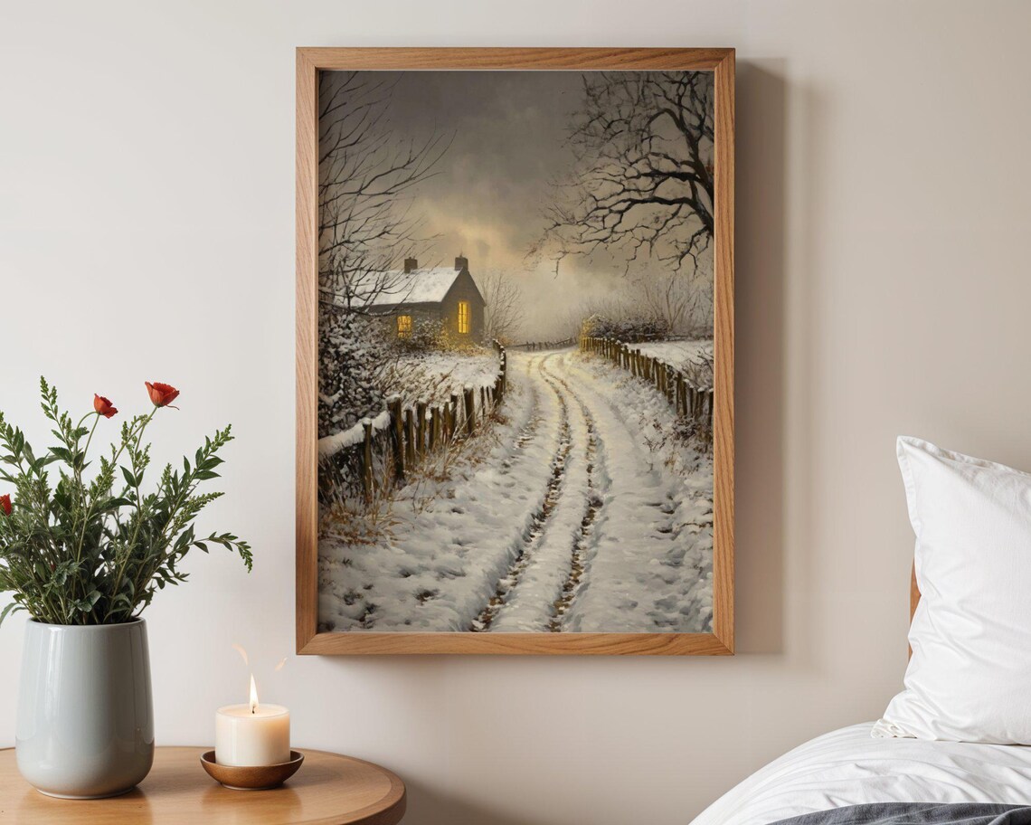 Winter Snowy Cottage Path, Rustic Scenic Art Print