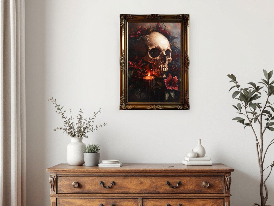 Gothic Skull Art Print, Dark Floral Skull Decor - Image 3