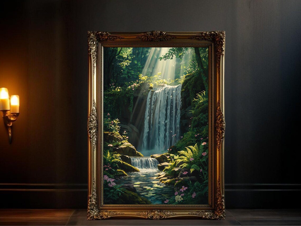 Enchanting Forest Waterfall Nature Landscape Art Print