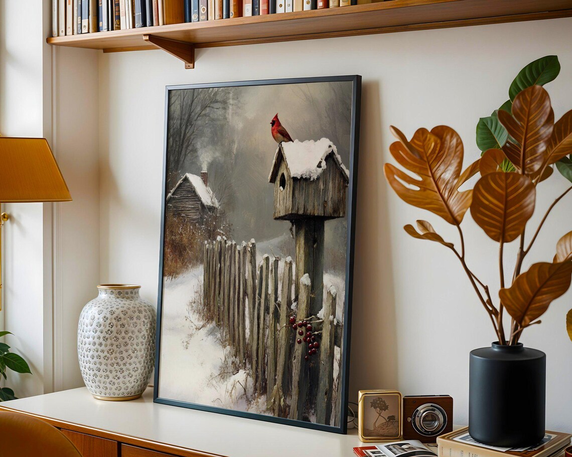 Winter Cardinal Birdhouse, Rustic Cabin Landscape - Image 2