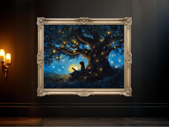 Enchanting Night Tree, Girl Reading Under Lantern-Lit Tree