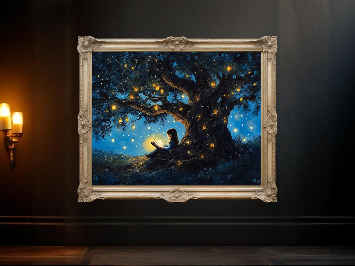 Enchanting Night Tree, Girl Reading Under Lantern-Lit Tree