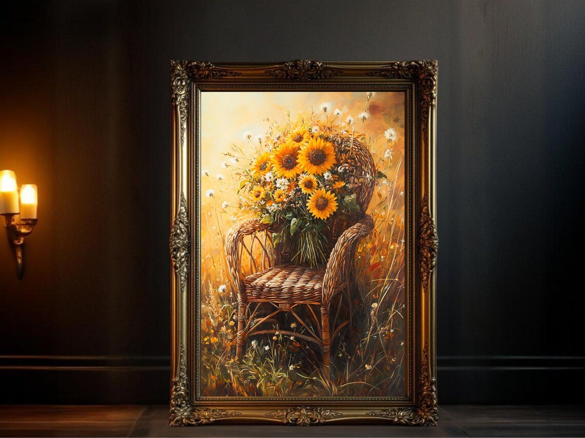 Sunflower Chair, Vintage Oil Painting Floral Decor