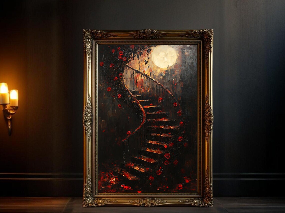 Dark Gothic Staircase With Roses, Moonlit Night Art Print