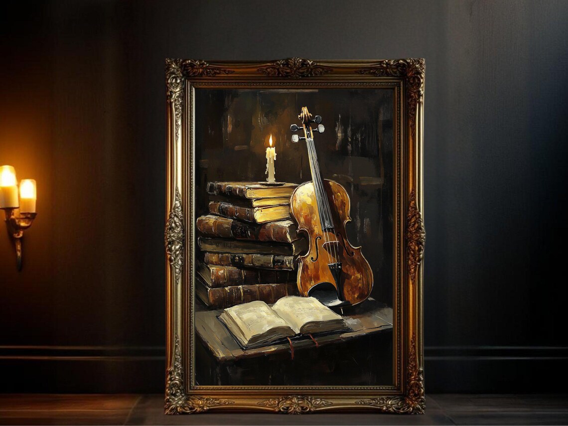 Dark Academia Vintage Violin Candle Books Art Print