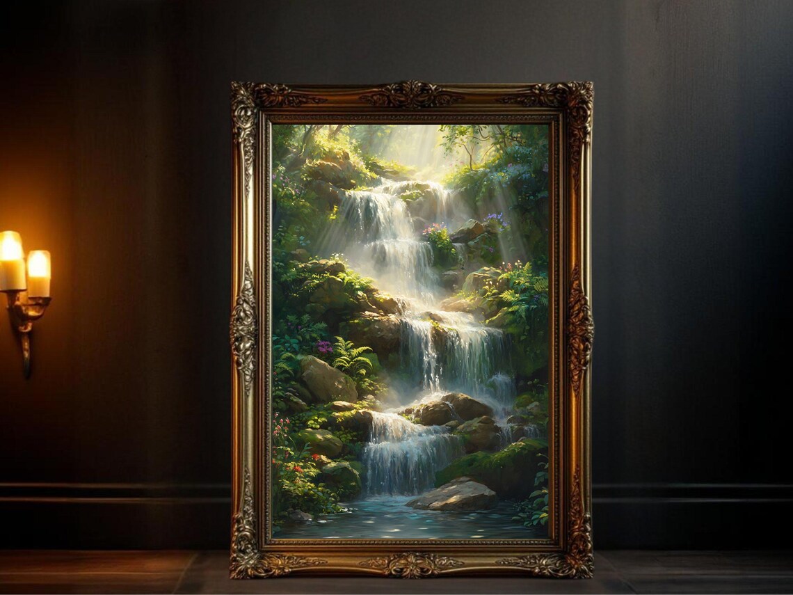 Serene Waterfall Nature Landscape, Forest Decor
