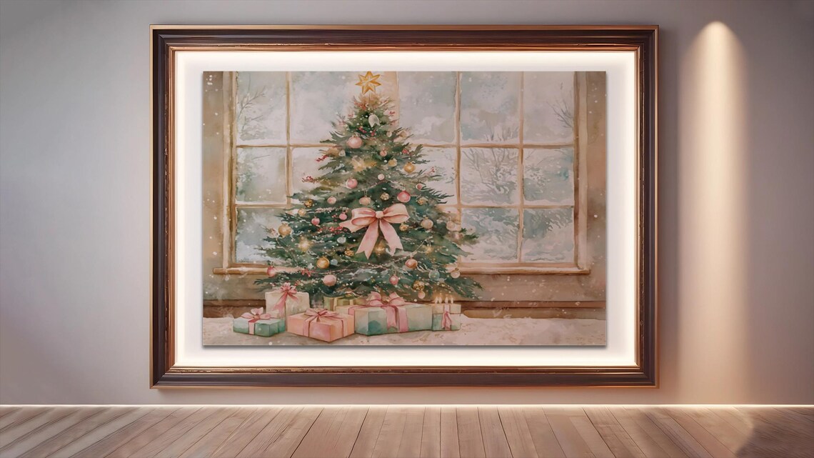Vintage Christmas Tree Art, Snowy Window Scene