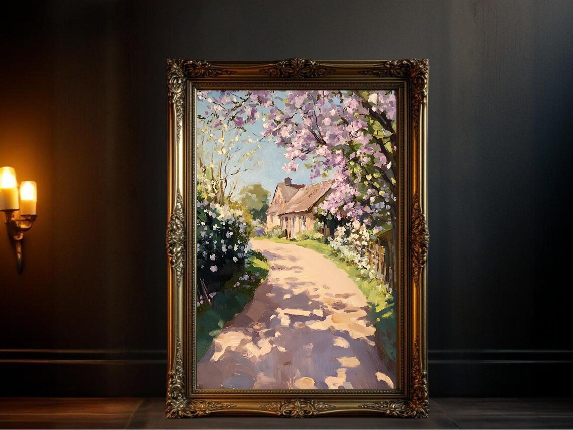 Vintage Spring Cottage Landscape, Rustic Country House