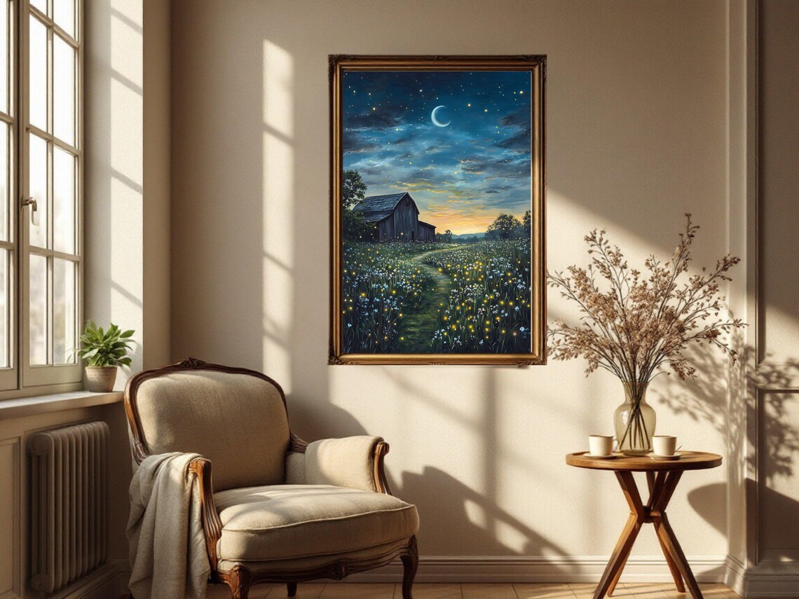 Starry Night Barn Firefly Meadow, Moonlit Landscape - Image 3