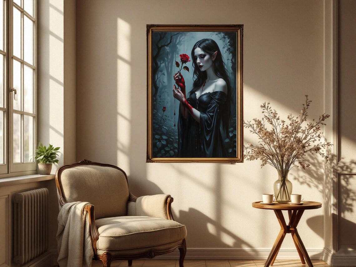 Gothic Vampire Woman Holding Rose, Dark Fantasy Art Print - Image 2