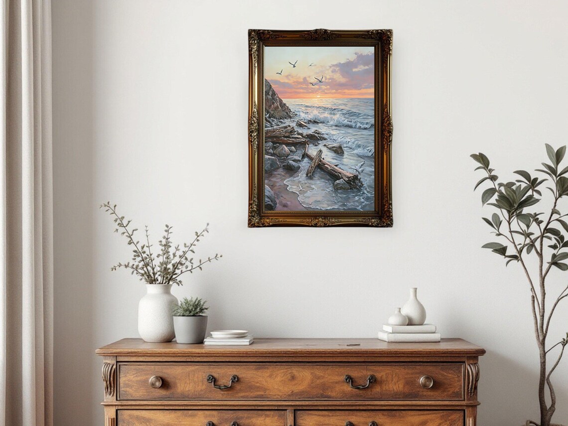Coastal Sunset Ocean Waves Seagulls, Seaside Decor - Image 2