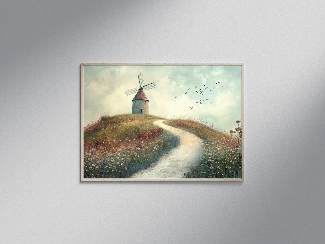 Windmill In Field Art Print, Rustic Landscape