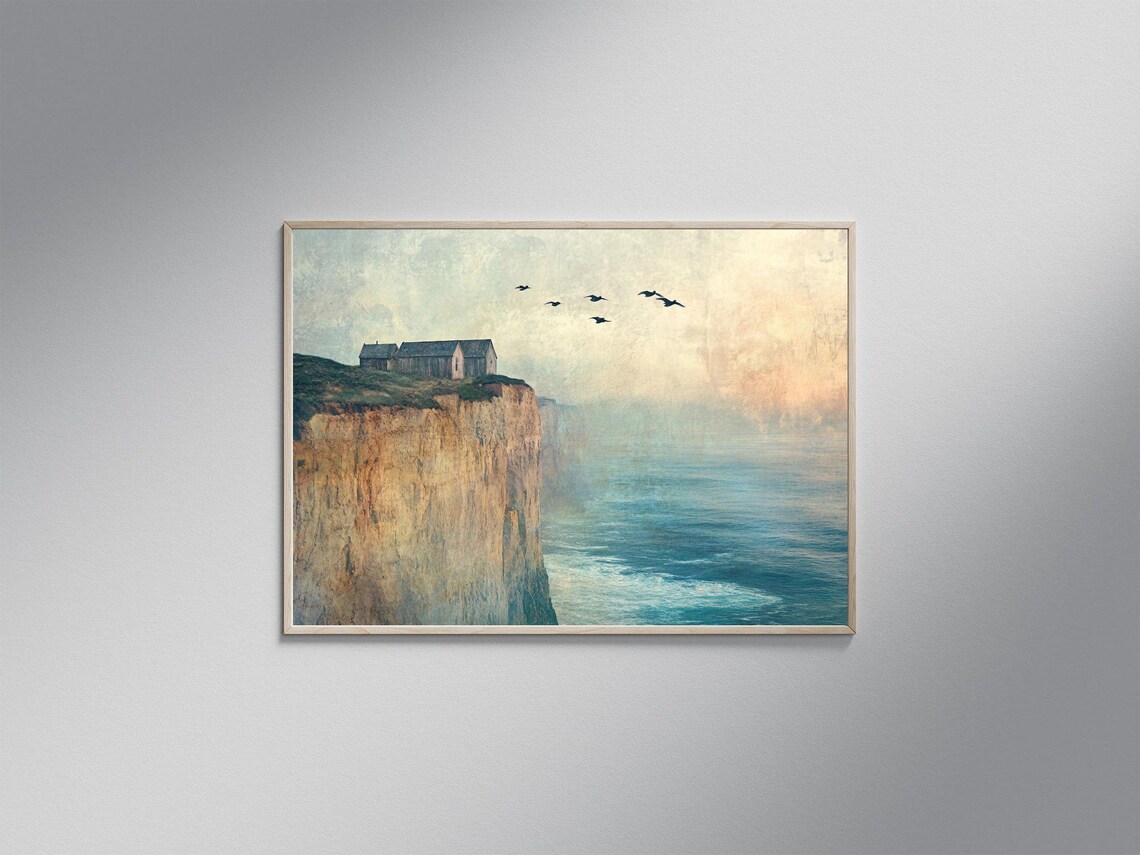 Coastal Cliff House Art Print, Rustic Seaside Decor