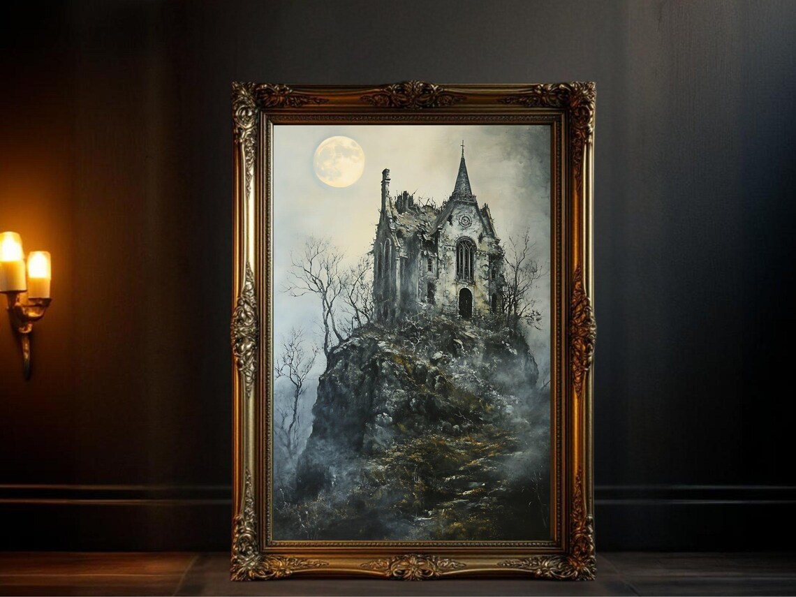 Haunted Castle Gothic Architecture, Spooky Night Art Print