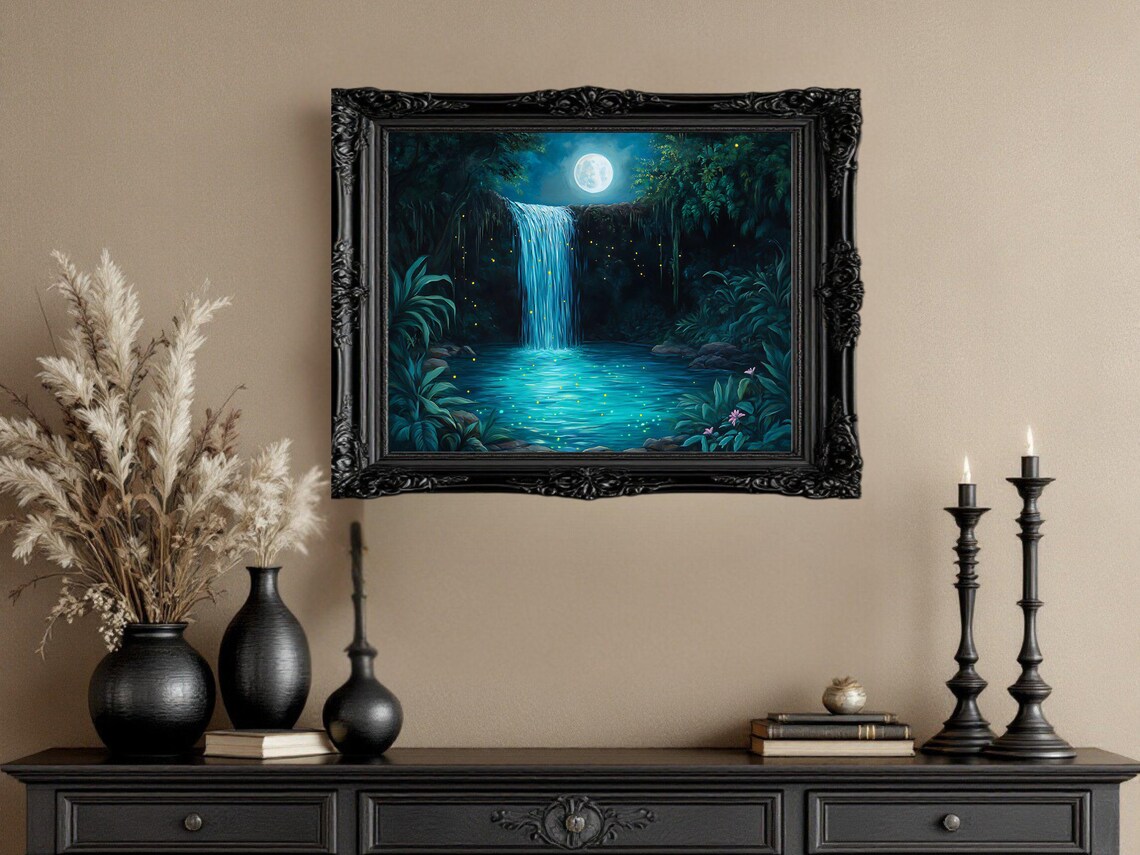 Enchanted Moonlit Waterfall Art Print, Night Scene - Image 2