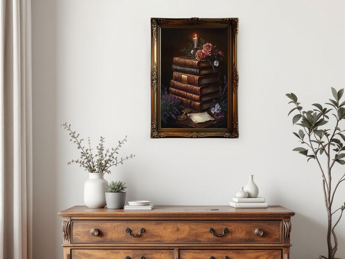 Vintage Books Painting, Dark Academia Gothic Decor - Image 3
