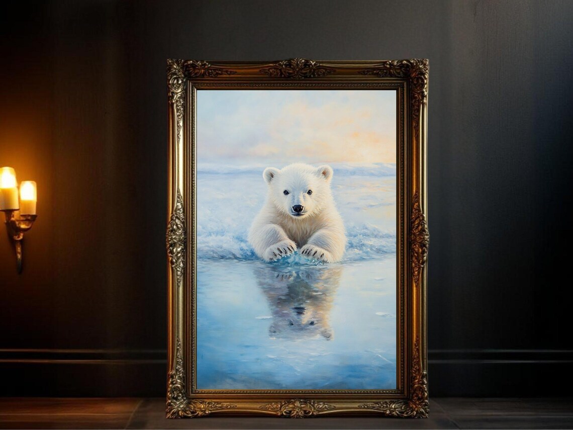 Polar Bear Cub in Arctic Water Reflection, Nursery Decor