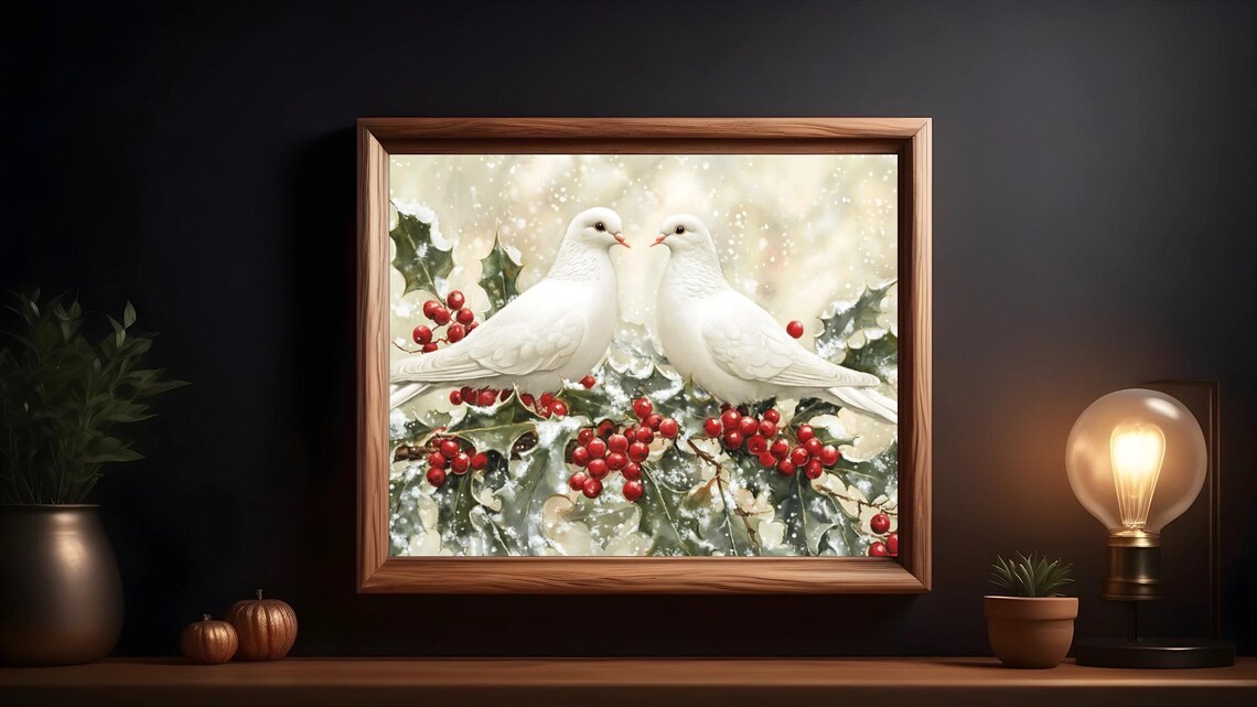 Peaceful Doves and Holly - Rustic Christmas Scene