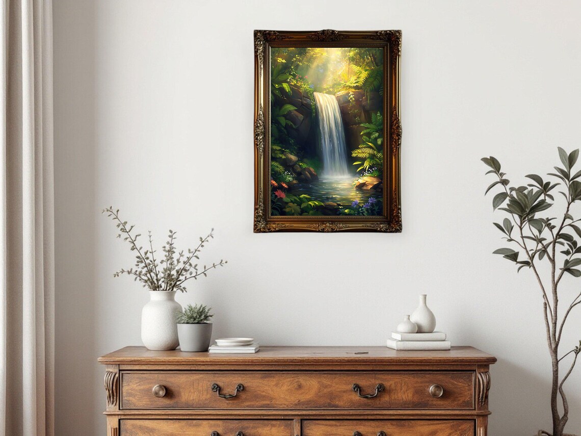 Serene Waterfall, Tranquil Forest Scenery Art Print - Image 2