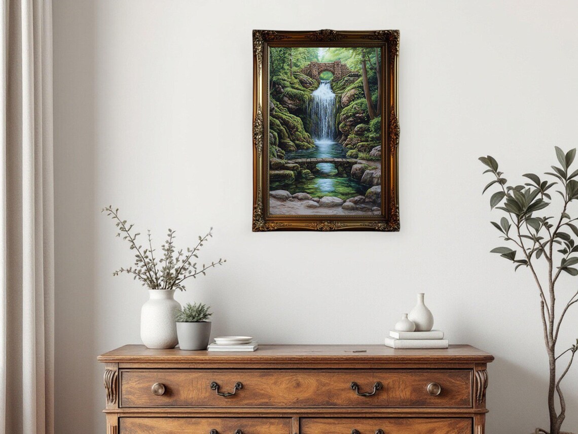 Scenic Waterfall Landscape, Rustic Bridge Nature Art - Image 3