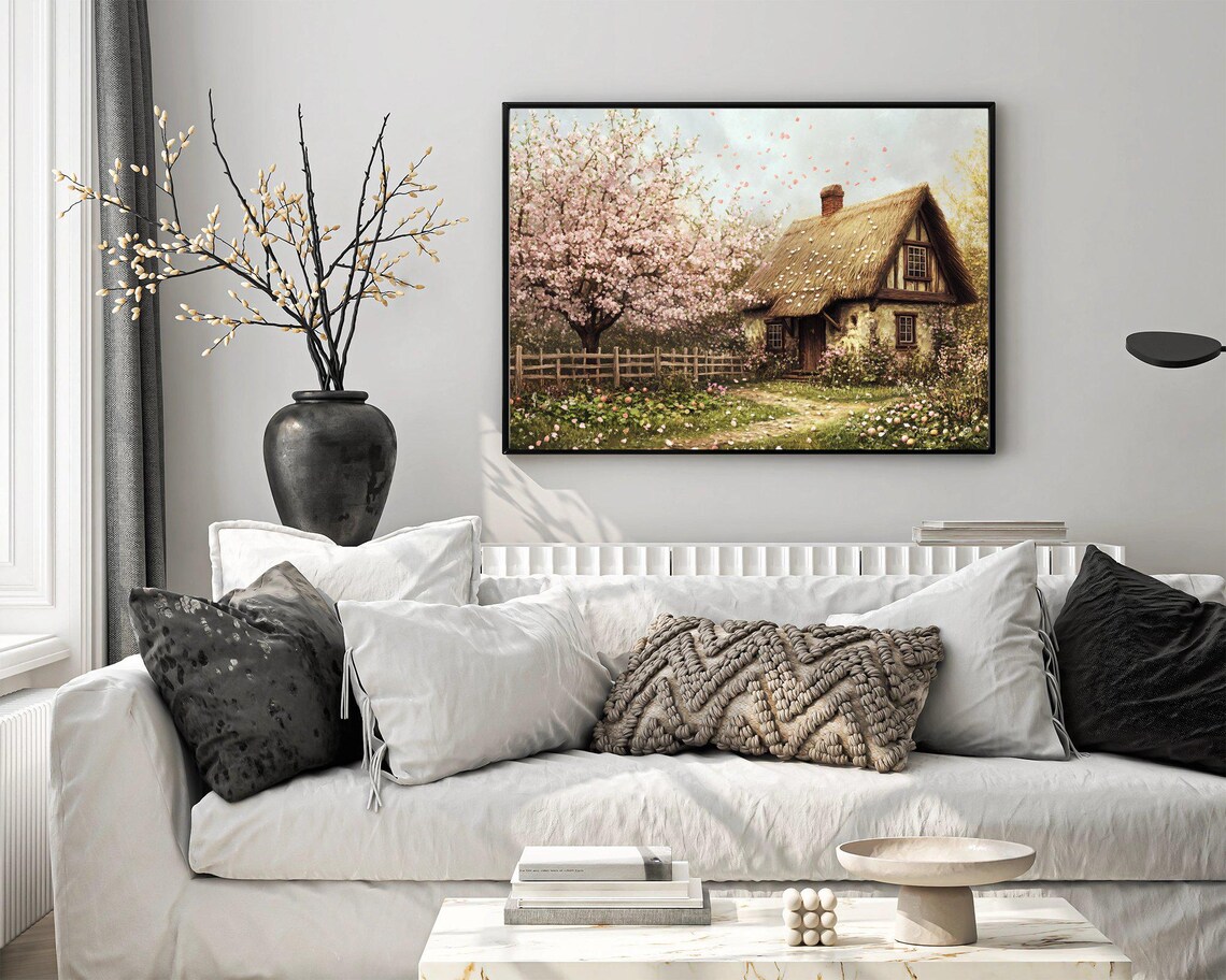 Cottage In Bloom, Rustic Vintage Spring Landscape Art Print - Image 3
