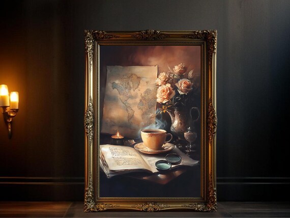 Vintage Oil Painting World Map, Floral Still Life