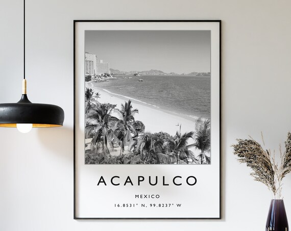 Acapulco Mexico Black and White Beach Palms Bay Photo Poster