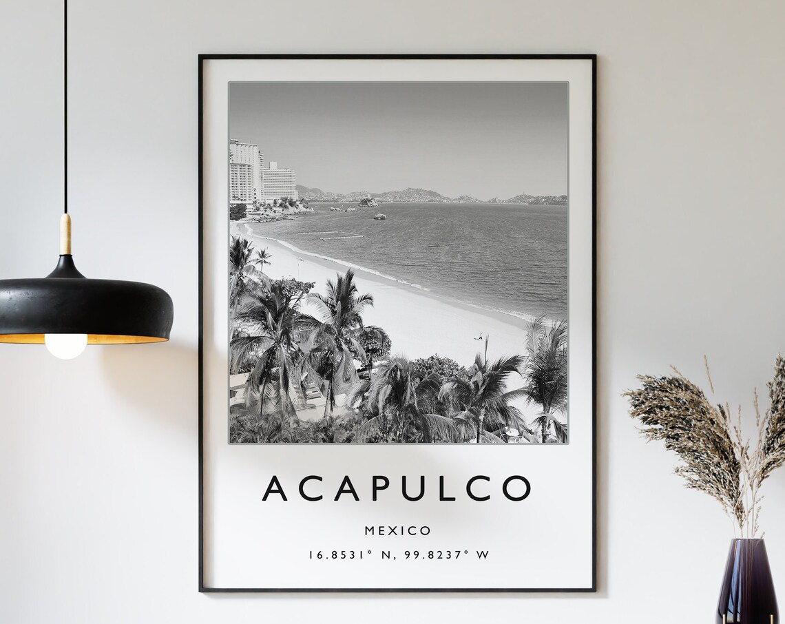 Acapulco Mexico Black and White Beach Palms Bay Photo Poster