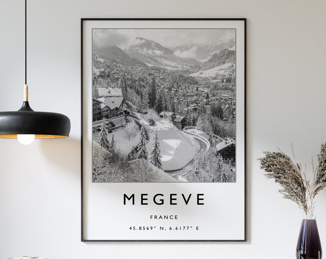 Megeve France Black White Snowy Alpine Mountain Town Photo Poster