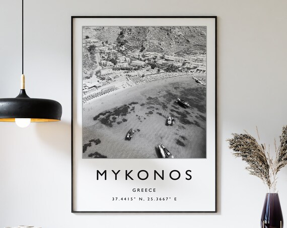 Mykonos Greece Black White Aerial Beach Coastline Photo Travel Poster